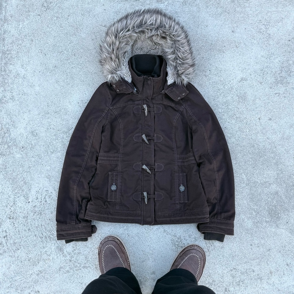 Abercrombie & Fitch Womens Brown Toggle Duffle Jacket Faux Fur Hood Size L